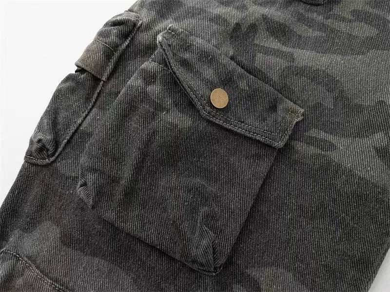 2023 American style retro street camouflage overalls women's hip-hop fried street wide-leg casual pants high street ins tide Y2K