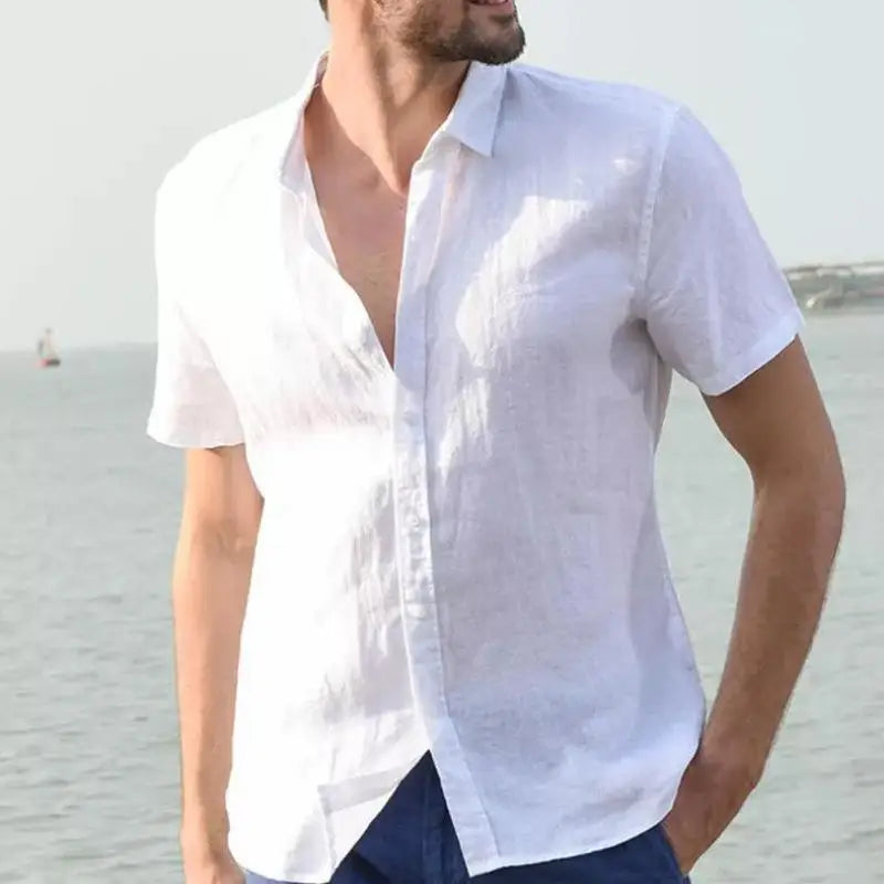 Summer Cotton Linen Shirts For Men Casual Short Sleeved Shirts Blouses Solid Turn-Down Collar Formal Beach Shirts Male Clothing