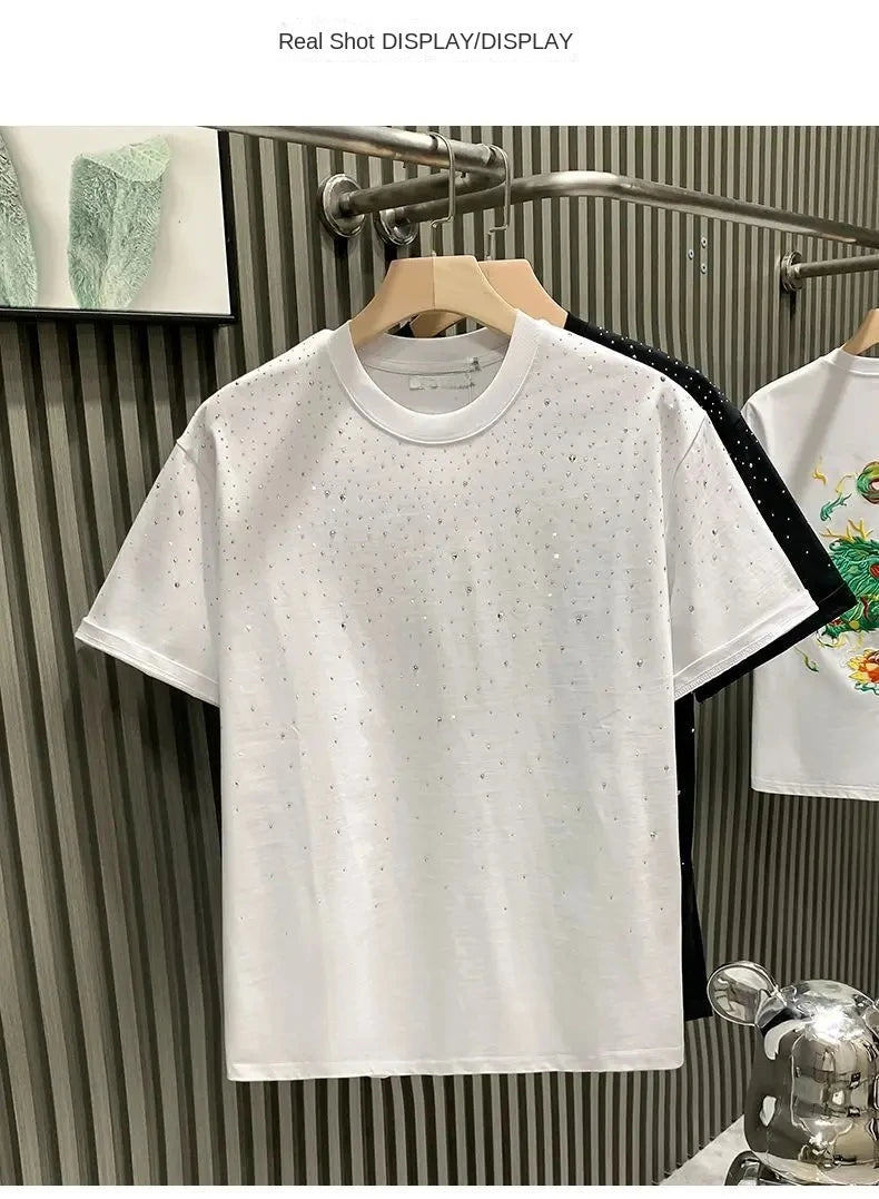 Summer Men Clothing Summer Rhinestone Rivet T-shirt Round Neck Casual T-shirt Korean Version Men's Short Sleeves Tee