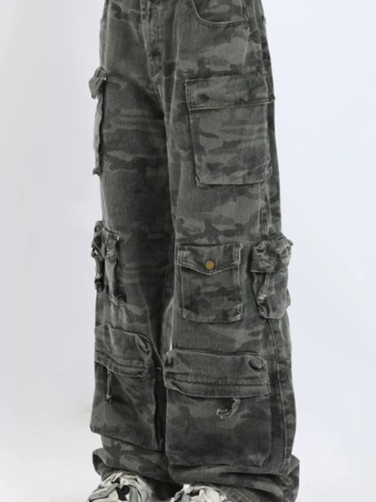 2023 American style retro street camouflage overalls women's hip-hop fried street wide-leg casual pants high street ins tide Y2K