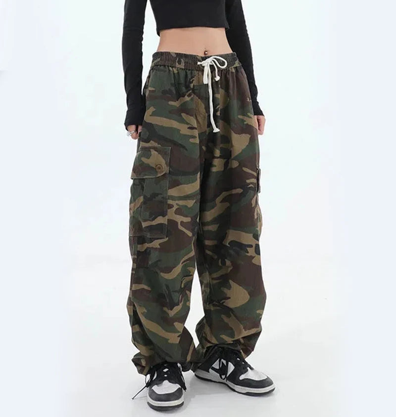 100% Pure Cotton Camo Cargo Pants Women Y2K Vintage Streetwear Joggers Sweatpants Bf Oversized Loose Hip Hop Wide Leg Trousers