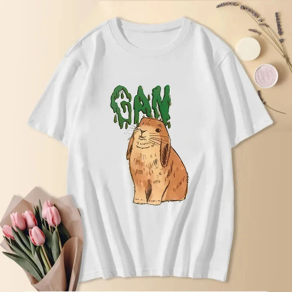 2024 Cute Summer Fashion Short Sleeve Cooton T-Shirts Letter Printed Tees Women Cresw Neck Tops Funny Animals Shirt Rabbit Shirt