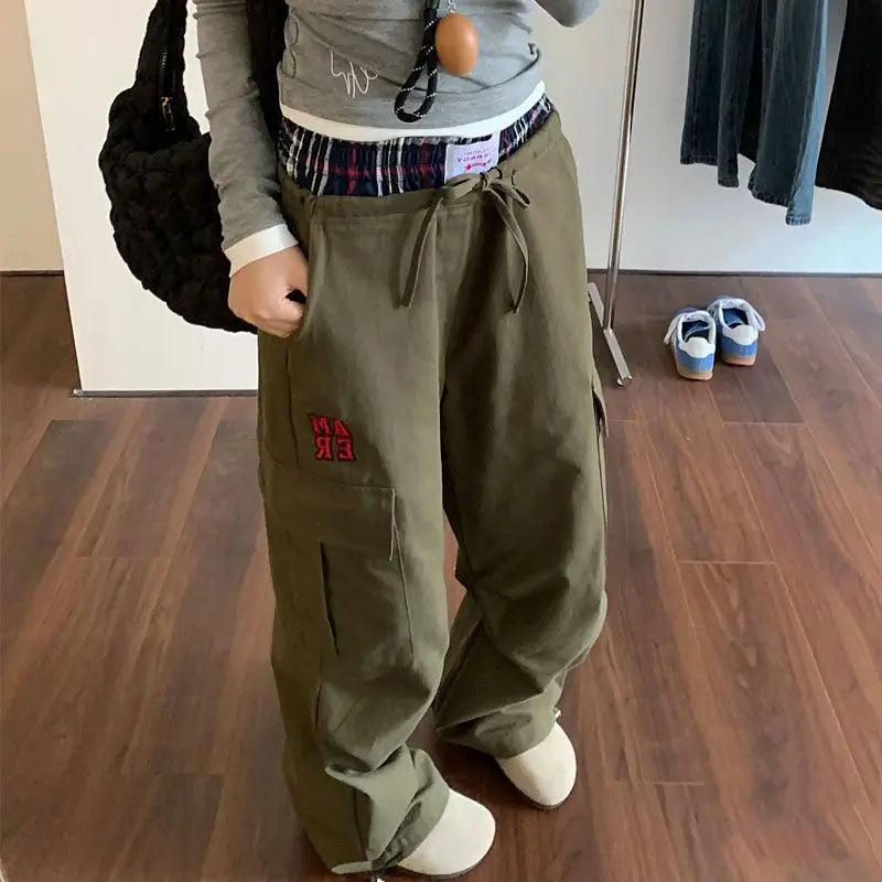 HOUZHOU Vintage Y2k Cargo Pants Women Baggy Embroidery Plaid Patchwork Trousers Slacks High Street Harajuku Wide Leg Sweatpants