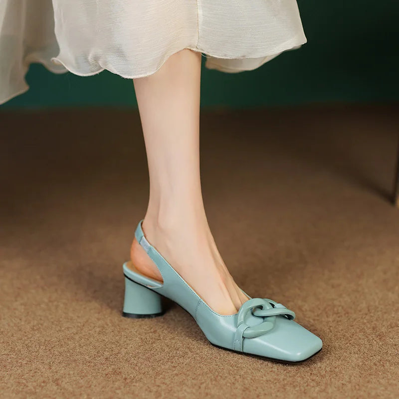 【JOCHEBED HU】new brand summer new style fashion women genuine personality leather buckle square toe thick heel shoes 34-43