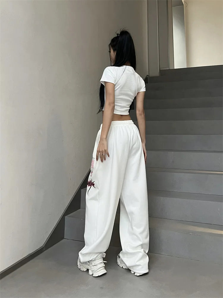 New Y2K Streetwear White Track Pants Women Harajuku Hippie Wide Leg Sweatpants Oversize Quick Dry Printed Joggers Trousers