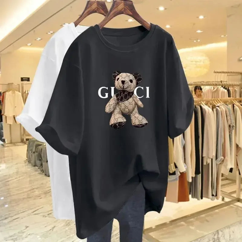 Women Cartoon Printed Tees Summer Pure Cotton Basic O-neck Short Sleeve T-shirt Casual Loose Tops Y2k Pullovers