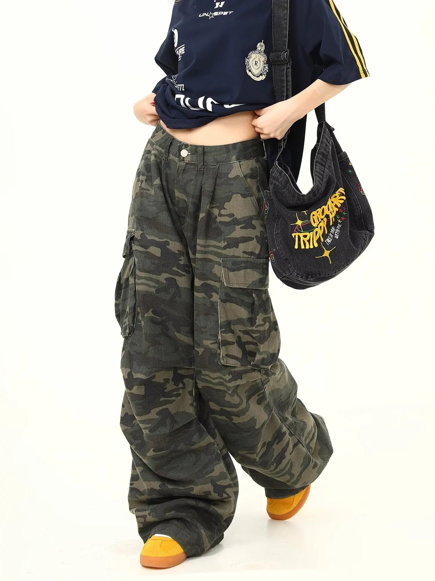 Camouflage Jeans Women Y2K Hip Hop Vintage High Waisted Jeans Straight Streetwear Casual Loose Large Size Wide Leg Denim Pants