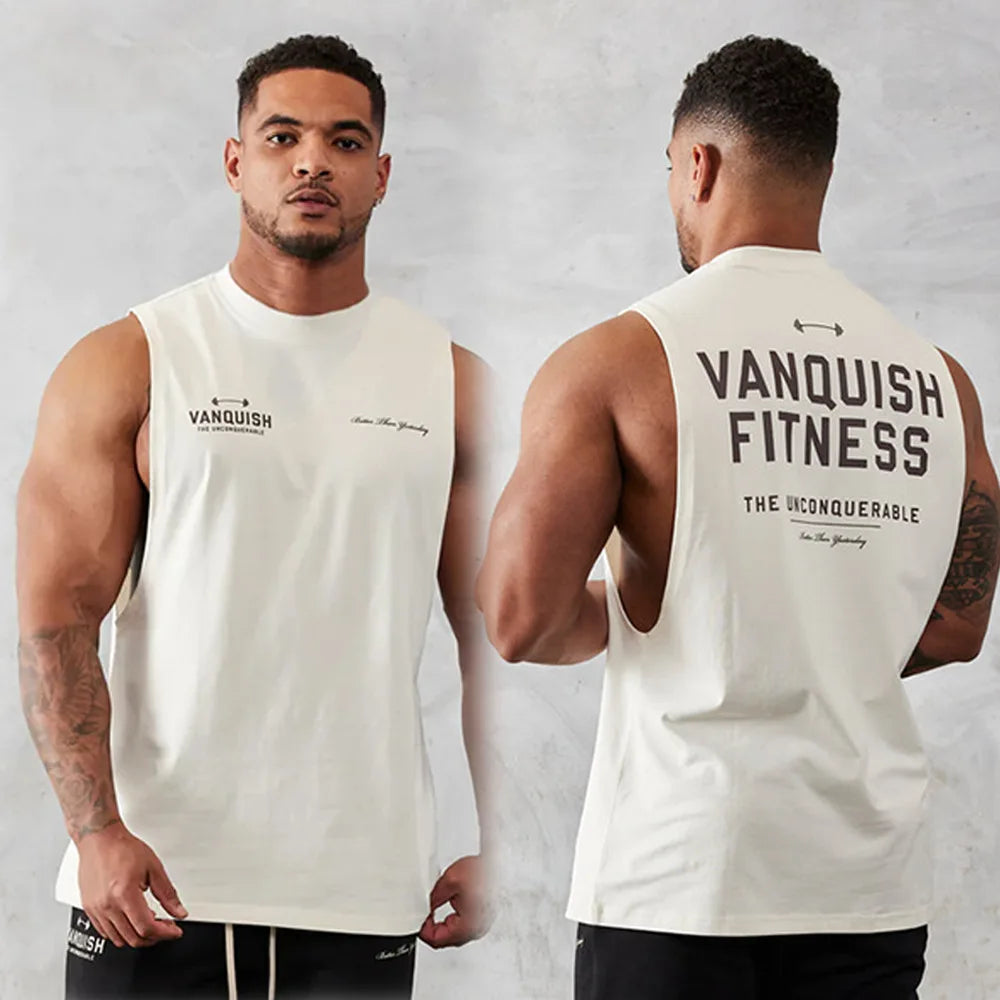 Gym exercise fitness sports men's vest cotton wide shoulder round neck sleeveless shirt slim casual men's wear