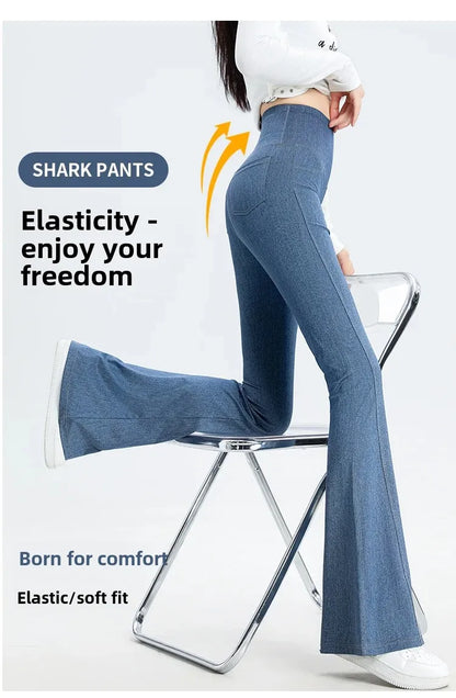 2024 New Women's Denim Shark Pants Outerwear Thin Leggings Bell-Bottom Tummy Control Underwear Summer Fashion