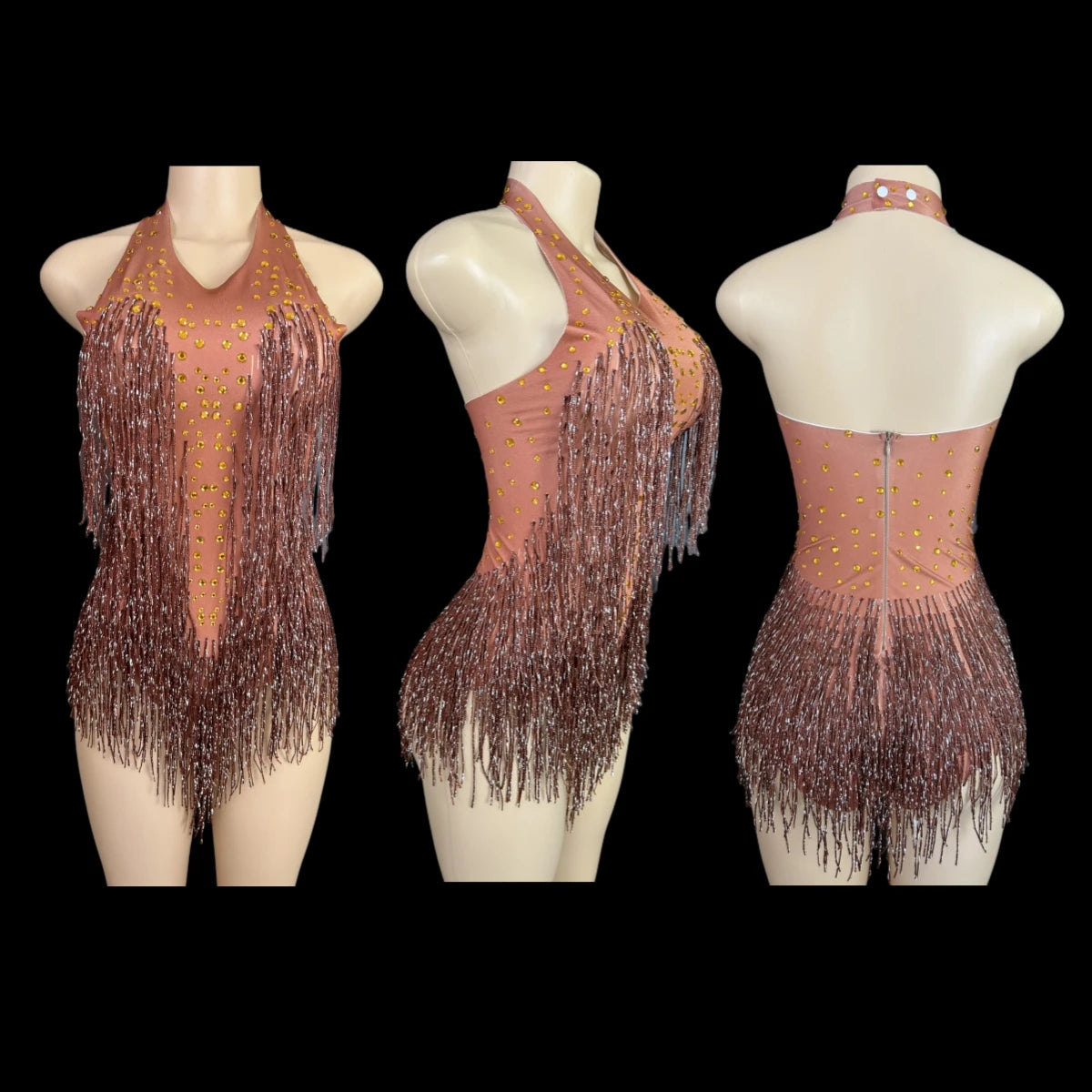 Sparkly Rhinestones Fringe Bodysuit WomenVightclub Party Dance Costume Stage Wear SexyTassel Leotard Performance Clothing 7G