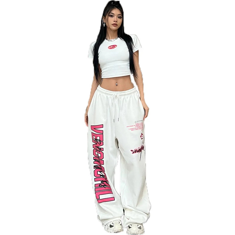 New Y2K Streetwear White Track Pants Women Harajuku Hippie Wide Leg Sweatpants Oversize Quick Dry Printed Joggers Trousers