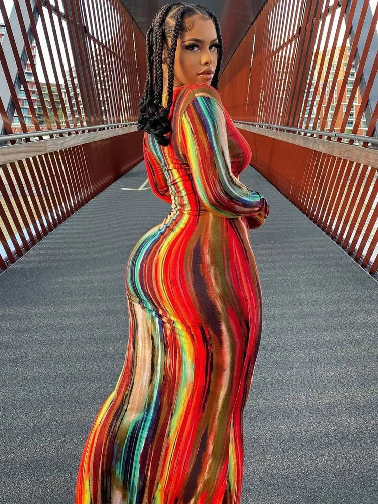 Spring and Autumn New Women's V-neck Stripe Long Sleeve Tight Fit Sexy Dress for Women