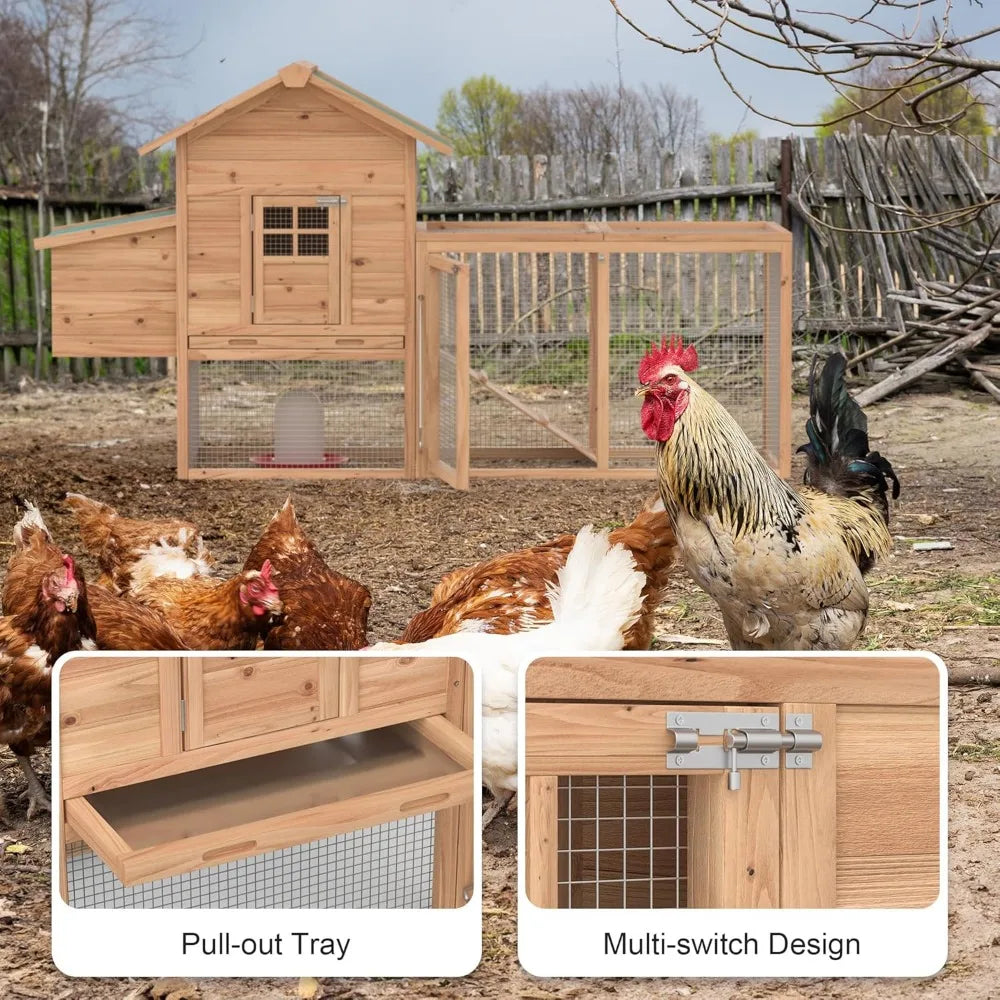 Outdoor Chicken Coop for 2-4 Chickens Wooden Hen House Poultry Pet Hutch Run Cage with Waterproof Asphalt Roof, Wire Fence (80")