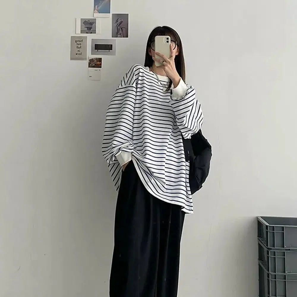 Plus Size 5XL 150KG Spring Harajuku Striped T Shirt Long Sleeve O Neck Loose Top Oversized t-shirt