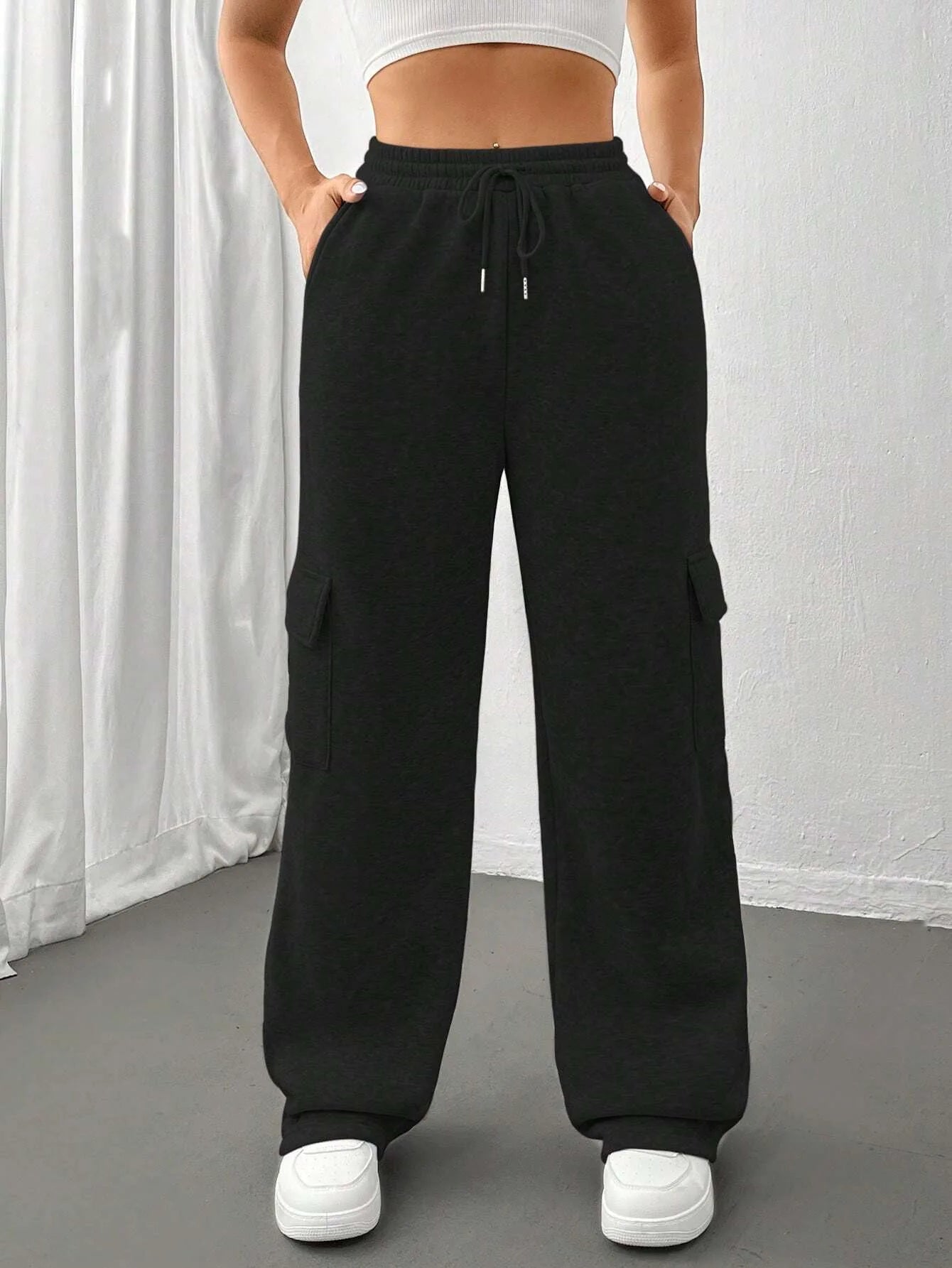 Women Gery Straight Leg Guard Pants Pockets Casual Elastic Waist With Drawstring 2024 Autumn Spring Black Trousers  Pantalon