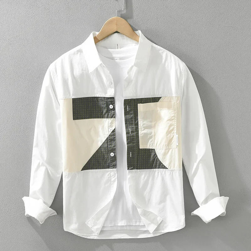 100% Cotton New White Shirt Men Spring Fall Daily Casual Long Sleeve Shirt Man Patchwork Design Shirt Streetwear Fashion Shirts