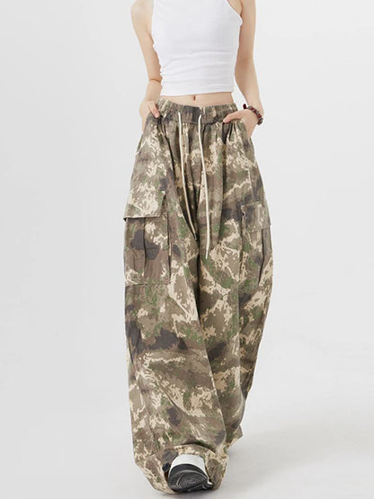 Zoki Streetwear Camouflage Cargo Pants Women High Waist Y2K Harajuku Wide Leg Trousers Vintage American Pockets Lace Up Pants