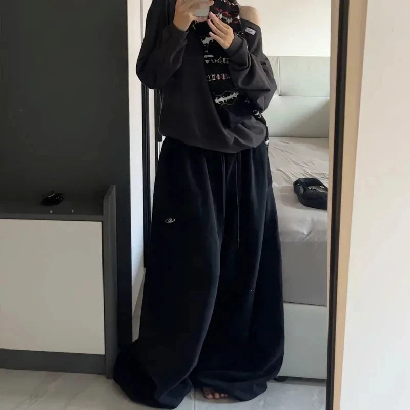 Oversize Cotton Woman Black Sweatpants Y2K Korean Streetwear Loose Casual Jogger Pants High Waist All Match Drawstring Trousers