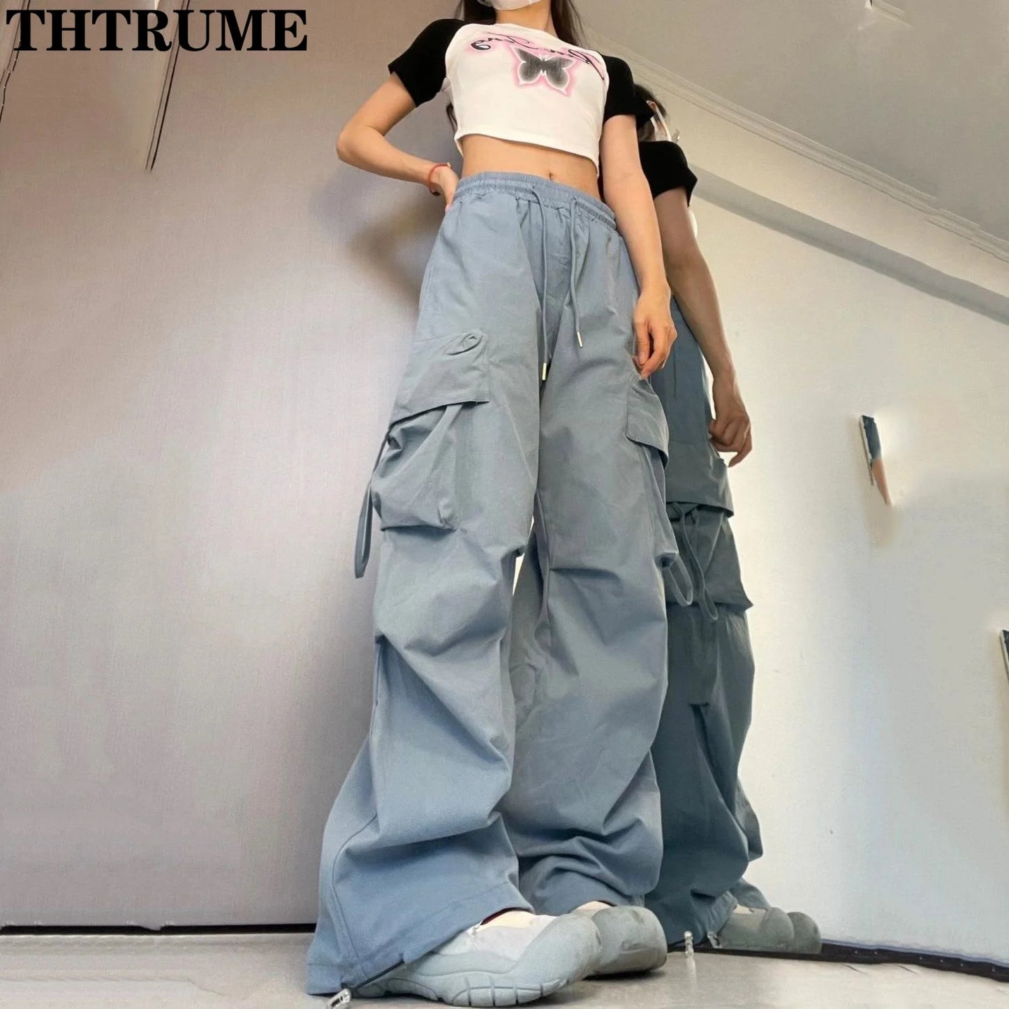 Retro Vintage High Street Baggy Pants Fashion Women Oversized Drawstring Pocket New Pant Casual Streetwear Loose Jogger Trousers