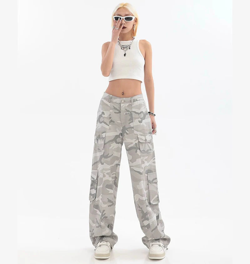 Female Hip Hop Grey Camouflage Cargo Pants American Style Y2K Oversized Loose Straight Wide Leg Pants Vintage Casual Sweatpants