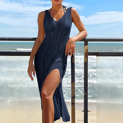 2024 Summer Ladies Vacation Hollow Out Robe Women Chic Solid Knitted Maxi Dress Fashion Sleeveless Sexy Beach Cover Up Dresses