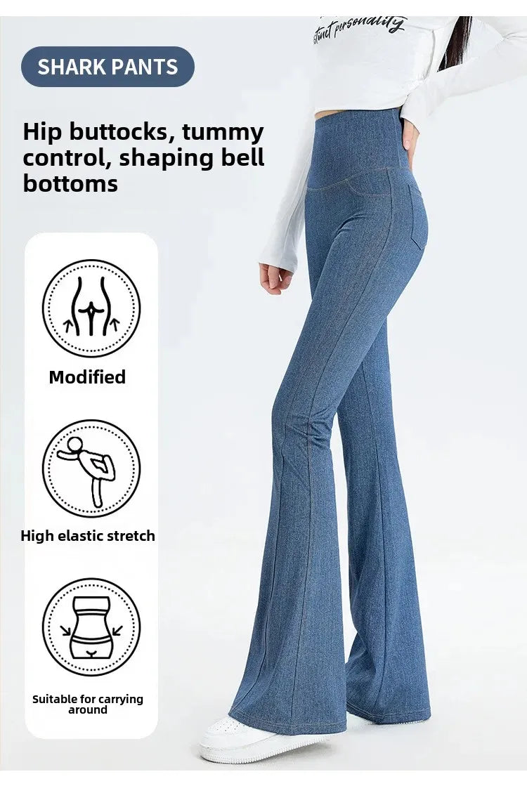 2024 New Women's Denim Shark Pants Outerwear Thin Leggings Bell-Bottom Tummy Control Underwear Summer Fashion