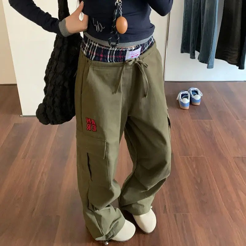 HOUZHOU Vintage Y2k Cargo Pants Women Baggy Embroidery Plaid Patchwork Trousers Slacks High Street Harajuku Wide Leg Sweatpants