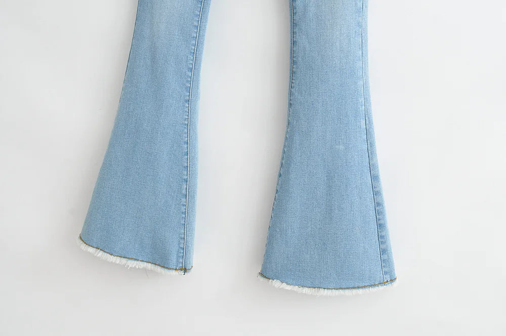 2022 Spring Autumn Sexy Low Waist Floor Length Burr Cuff Flare Jeans Women Vintage Stretch Denim Pants Streetwear Long Trousers