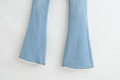 2022 Spring Autumn Sexy Low Waist Floor Length Burr Cuff Flare Jeans Women Vintage Stretch Denim Pants Streetwear Long Trousers