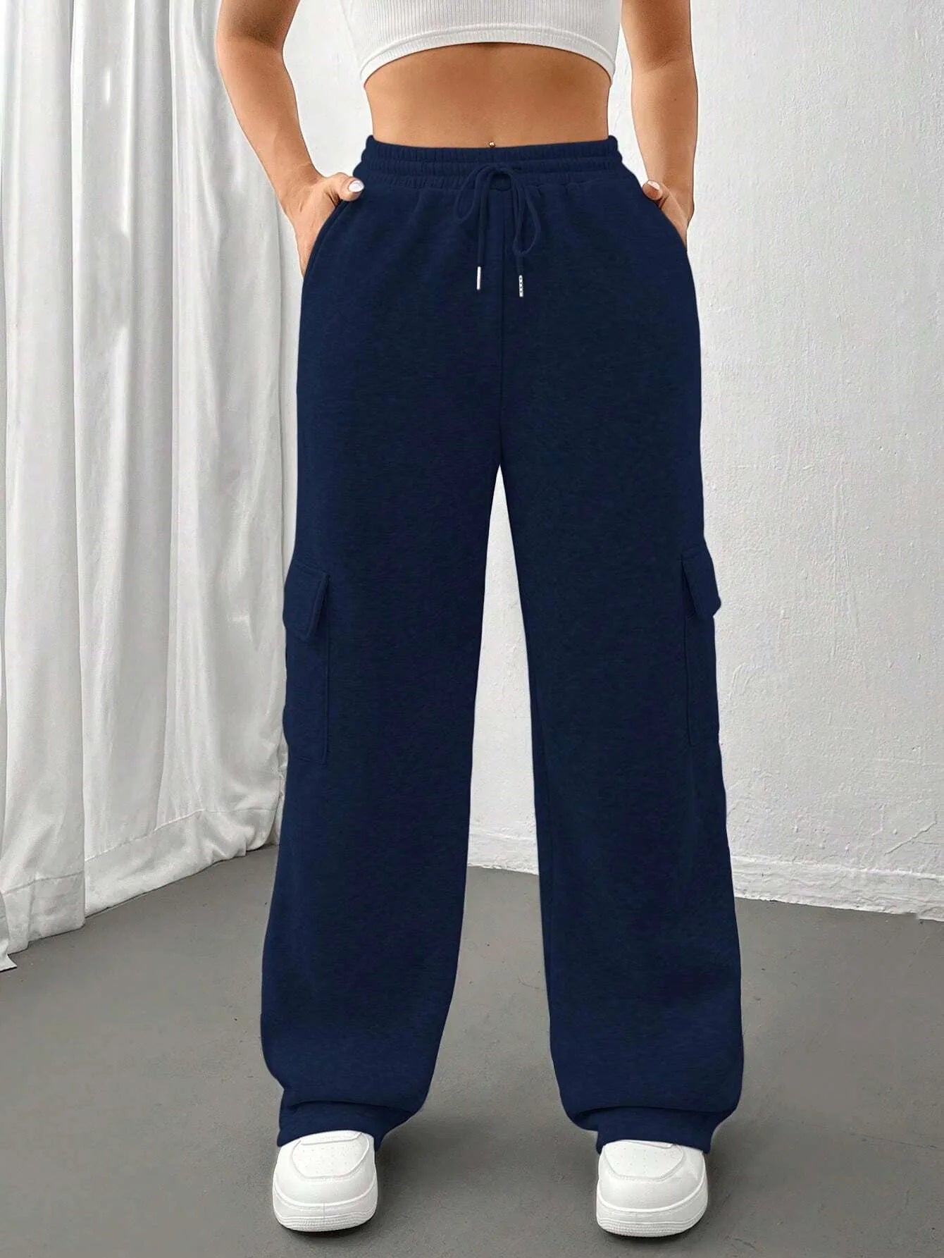 Women Gery Straight Leg Guard Pants Pockets Casual Elastic Waist With Drawstring 2024 Autumn Spring Black Trousers  Pantalon