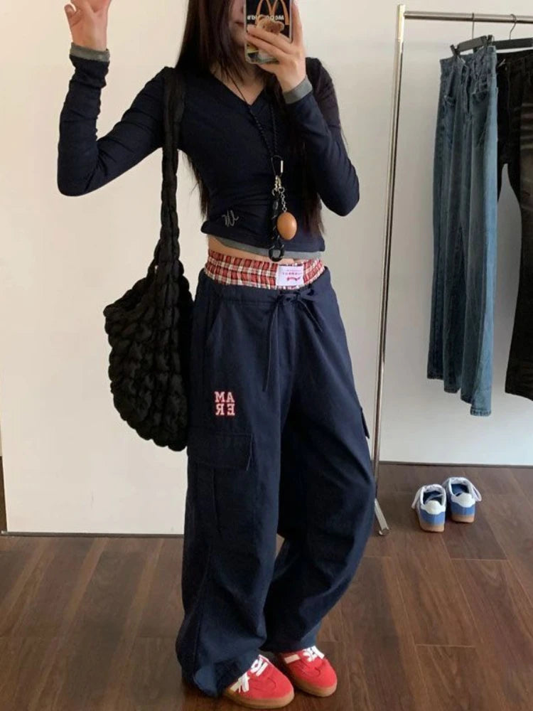 HOUZHOU Vintage Y2k Cargo Pants Women Baggy Embroidery Plaid Patchwork Trousers Slacks High Street Harajuku Wide Leg Sweatpants