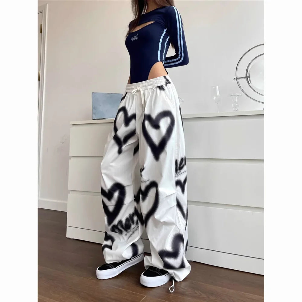 Love Graffiti Wide Leg Pants Women Y2K Elastic High Waist Streetwear Loose Drawstring Jogging Trousers Korean Casual Sweatpants