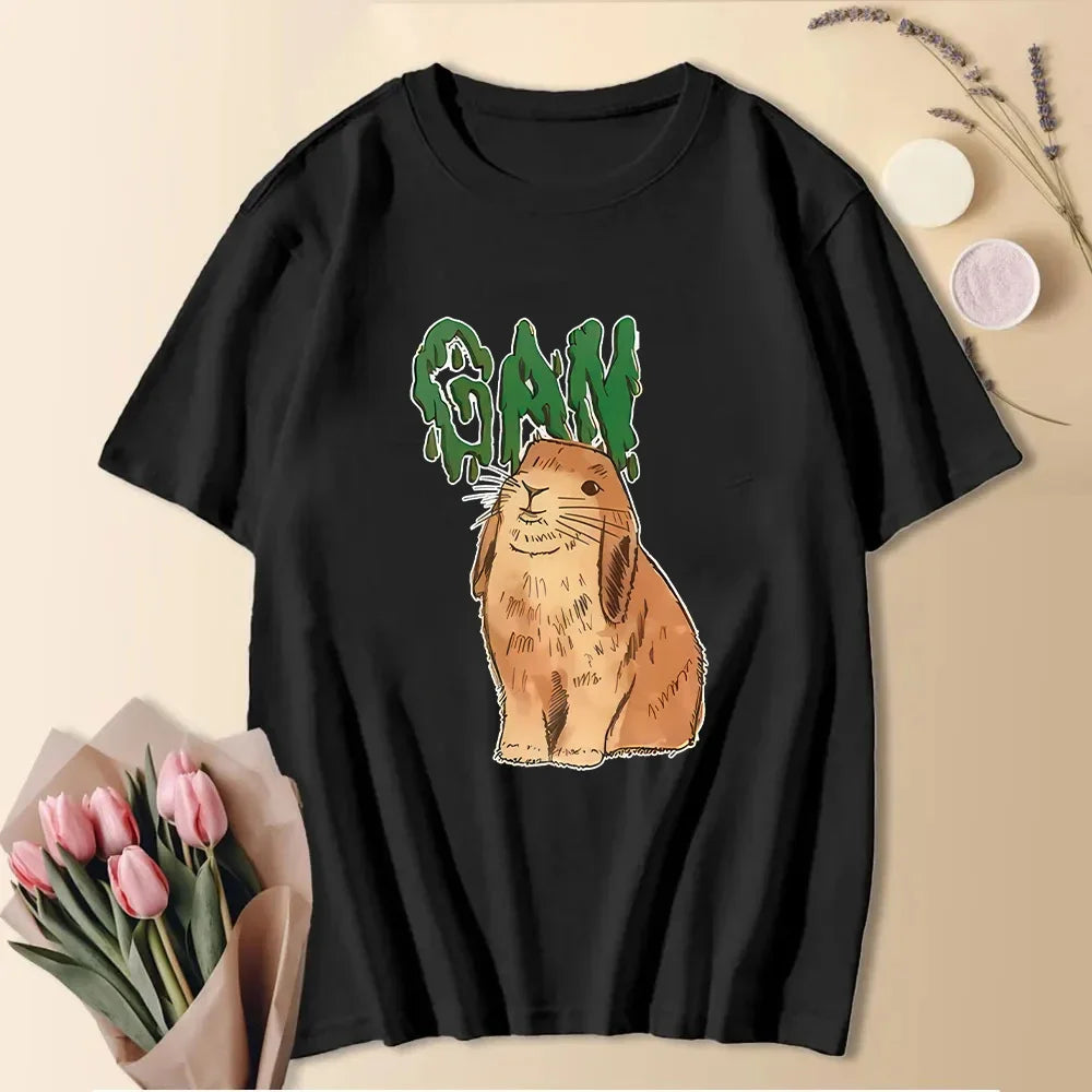2024 Cute Summer Fashion Short Sleeve Cooton T-Shirts Letter Printed Tees Women Cresw Neck Tops Funny Animals Shirt Rabbit Shirt