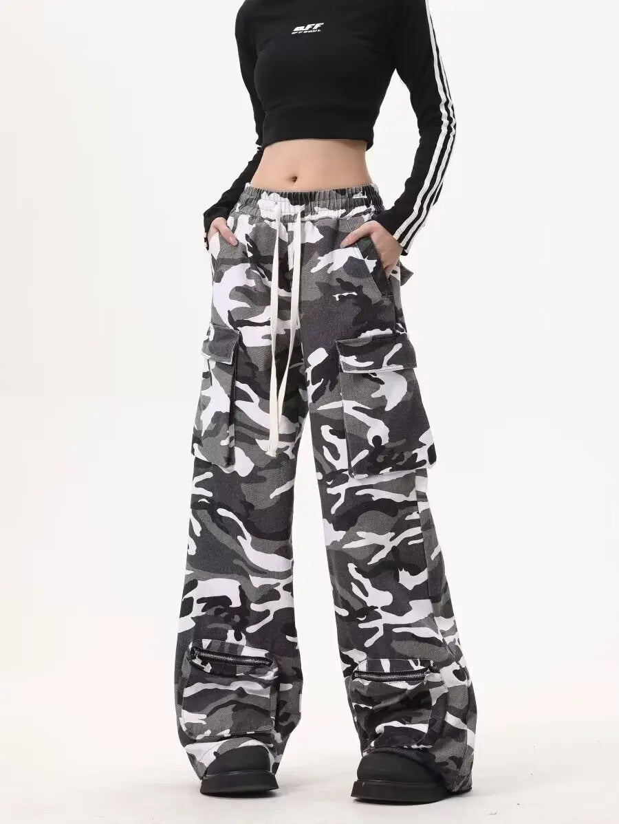 Y2k Baggy Cargo Pants For Women Camo Print Pants Streetwear Hip Hop Joggers Sweatpants Drawstring Casual Loose Wide Leg Trousers