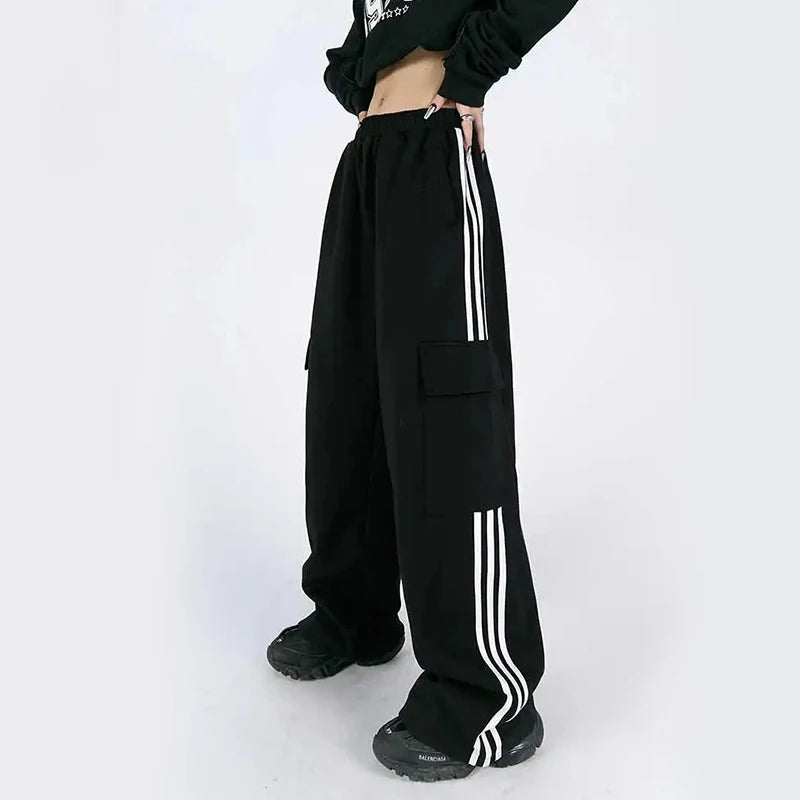 Jmprs Striped Women Cargo Pants American Style High Waist Fashion Y2K Streetwear Loose Wide Leg Pants Female Hip Hop Sweatpants