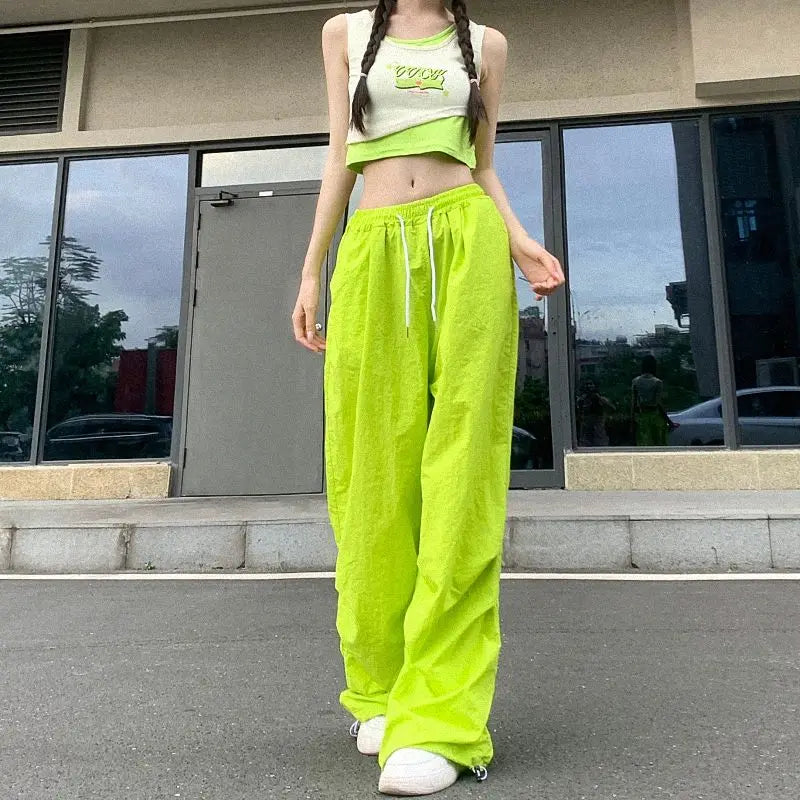 Rimocy High Waist Summer Cargo Pants Women Streetwear Drawstring Thin Parachute Pants Woman Solid Color Wide Leg Y2k Trouses