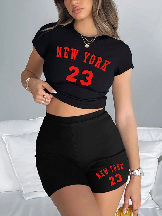 New York 23 Letter Printing 2 Pieces Set Fashion Women High Elastic Crop Tops T-Shirts & Pants Street Soft Breathable Clothes