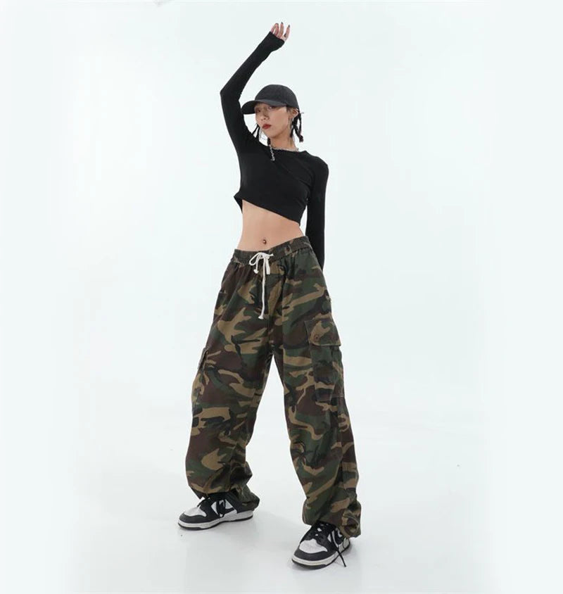 100% Pure Cotton Camo Cargo Pants Women Y2K Vintage Streetwear Joggers Sweatpants Bf Oversized Loose Hip Hop Wide Leg Trousers