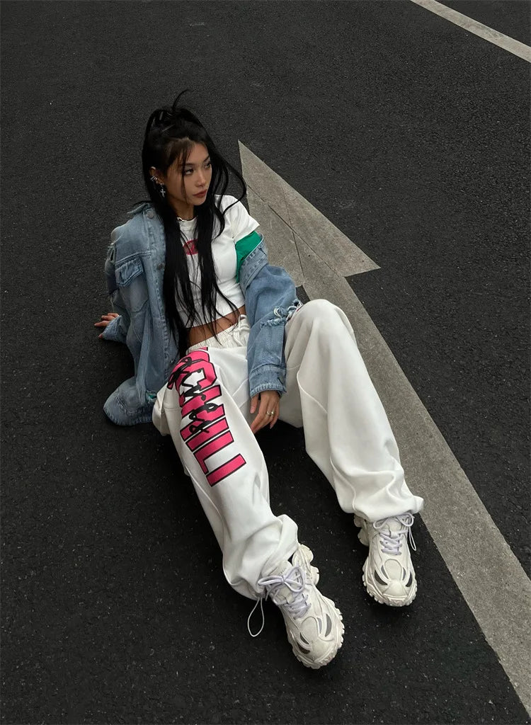 New Y2K Streetwear White Track Pants Women Harajuku Hippie Wide Leg Sweatpants Oversize Quick Dry Printed Joggers Trousers