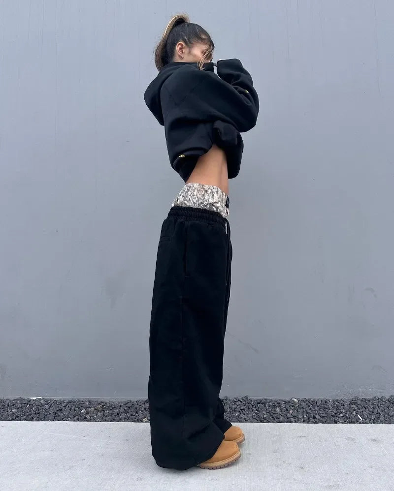 Y2K Retro Leisure Sports Pants Camouflage Embroidered Double Waist Pants Harajuku High Waisted Women Straight Leg Wide Leg Pants