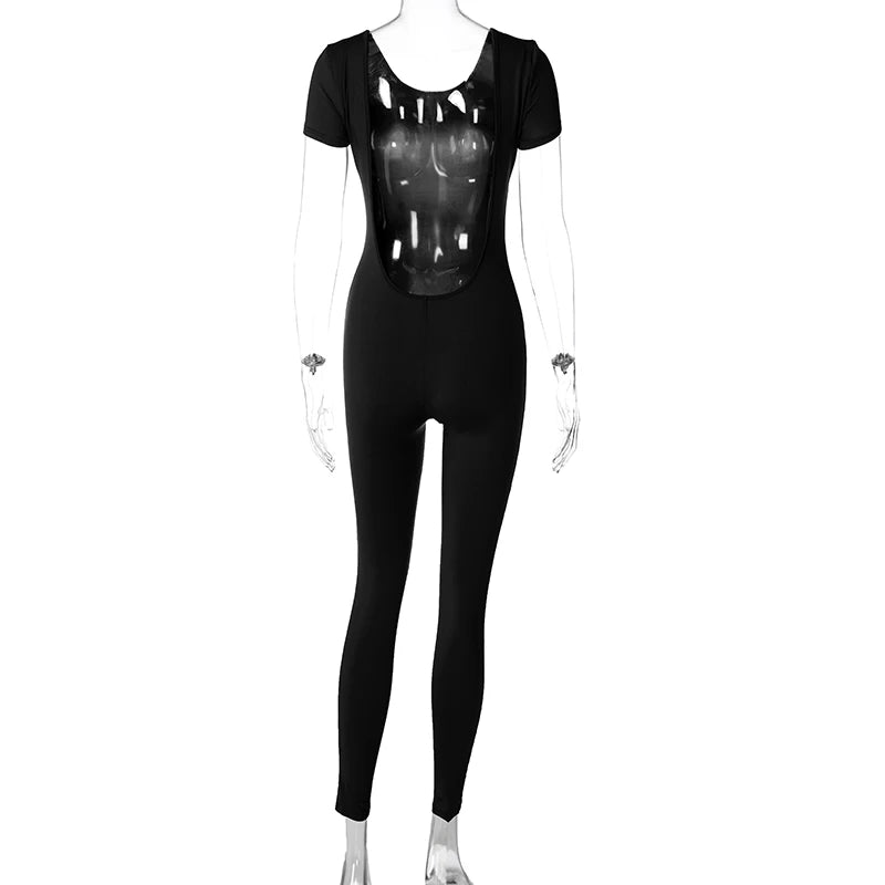 Hugcitar Solid Short Sleeve Backless Sexy Bodycon Skinny One Piece Jumpsuit 2024 Summer Women Casual Romper Y2K Streetwear Club