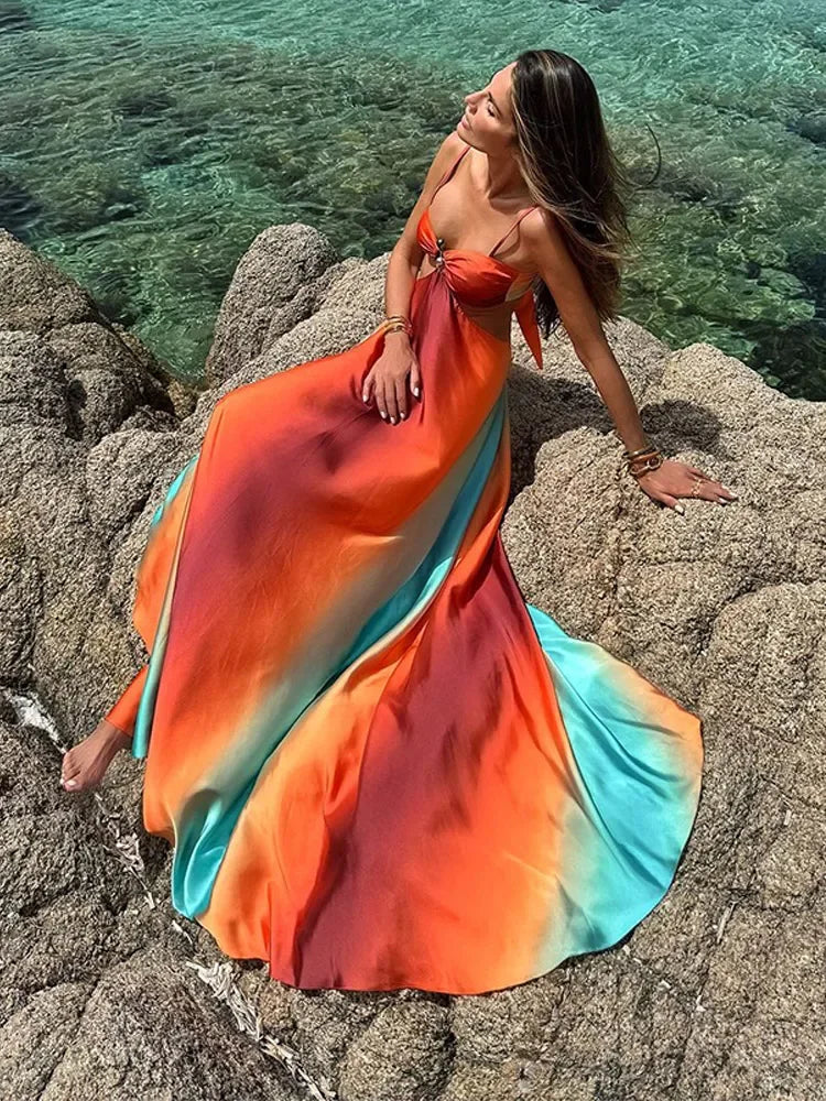 Sexy Summer Holiday Printed Strapless Hollow Out Dress Women Fashion Contrast Color Backless Robes 2025 Beach Party Vestidos