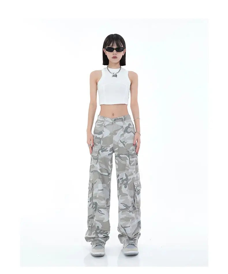 Streetwear Women Camouflage Cargo Pants Hip Hop Oversize Spring Autumn Straight New Wide Leg High Street Fashion Casual Trousers