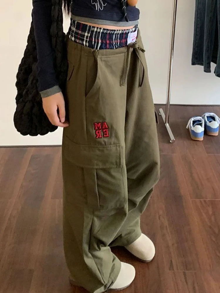 HOUZHOU Vintage Y2k Cargo Pants Women Baggy Embroidery Plaid Patchwork Trousers Slacks High Street Harajuku Wide Leg Sweatpants