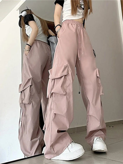 Zoki Harajuku Women Cargo Pants Streetwear Y2K Hip Hop Black Trousers Fashion High Waist Lace Up Female Loose Design Pants New