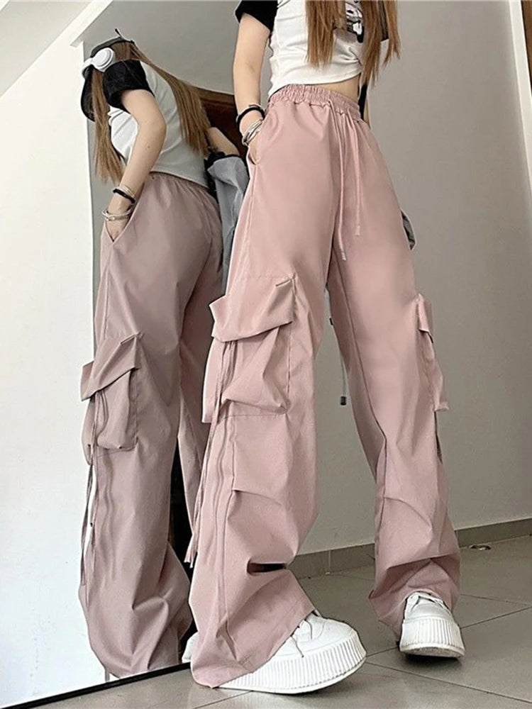 Zoki Harajuku Women Cargo Pants Streetwear Y2K Hip Hop Black Trousers Fashion High Waist Lace Up Female Loose Design Pants New