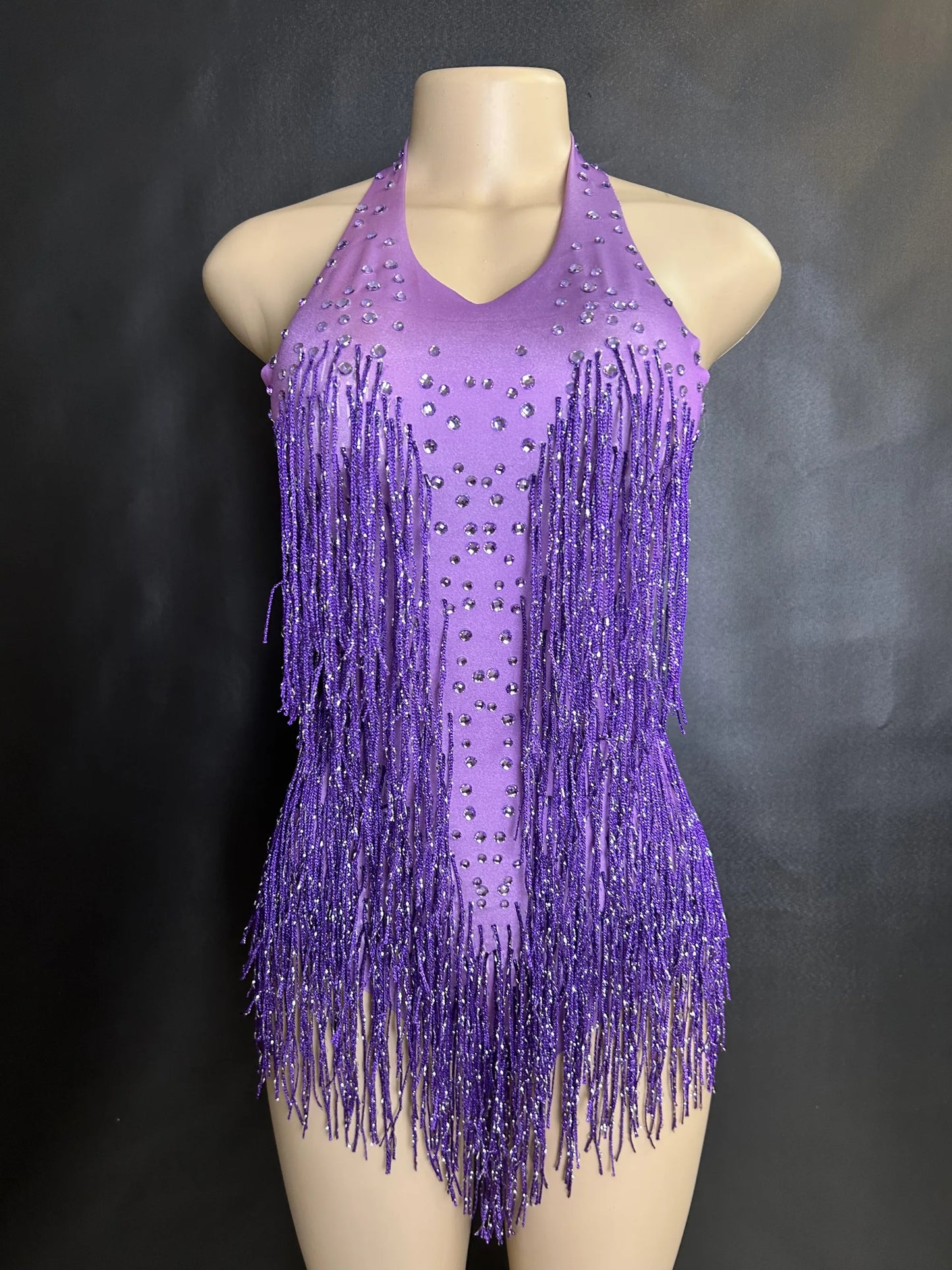 Sparkly Rhinestones Fringe Bodysuit WomenVightclub Party Dance Costume Stage Wear SexyTassel Leotard Performance Clothing 7G