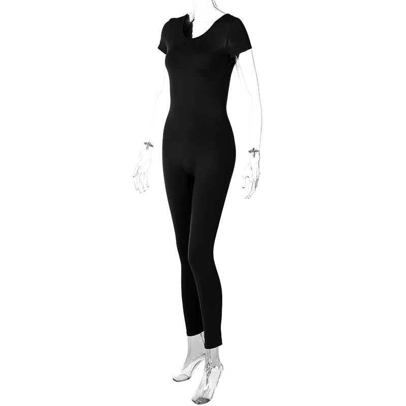 Hugcitar Solid Short Sleeve Backless Sexy Bodycon Skinny One Piece Jumpsuit 2024 Summer Women Casual Romper Y2K Streetwear Club