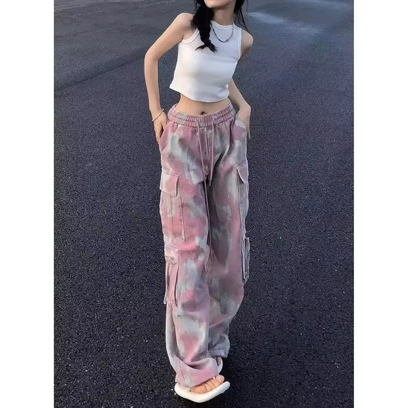 Y2K Denim Trouser Camouflage Pink Camo Cargo Pants Women Wide Leg Trousers Streetwear Hip Hop Female Loose Casual Safari Style