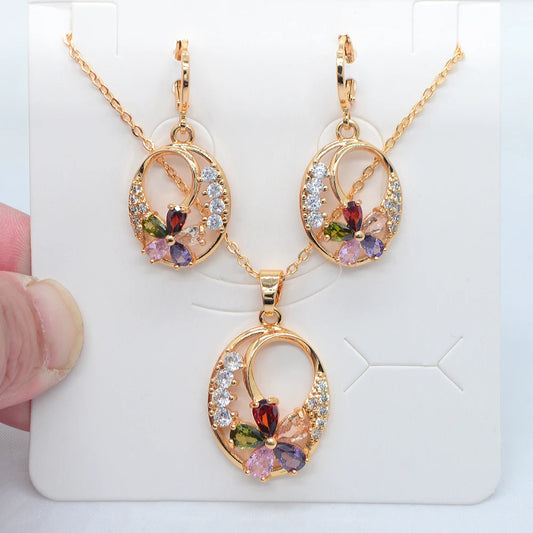 Fashion Gold Color Women Multicolor Cubic Zirconia Oval Flower Jewelry Set